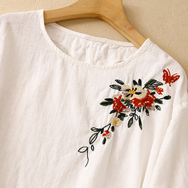 Buddha Stones Casual Summer Embroidered Crew Neck Women's  Cotton Short Sleeve T-shirt