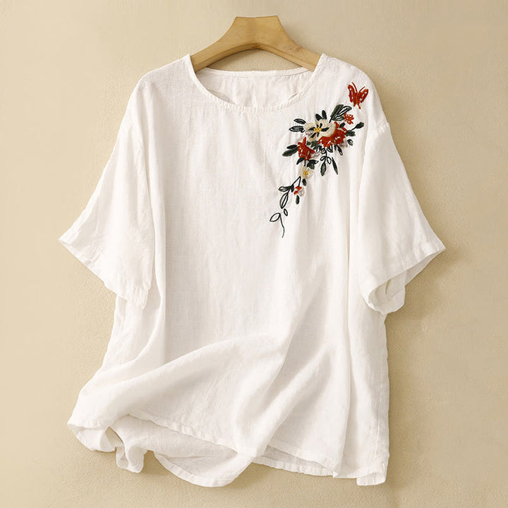 Buddha Stones Casual Summer Embroidered Crew Neck Women's  Cotton Short Sleeve T-shirt - White - US14，UK/AU18，EU46 (2XL) - image 10