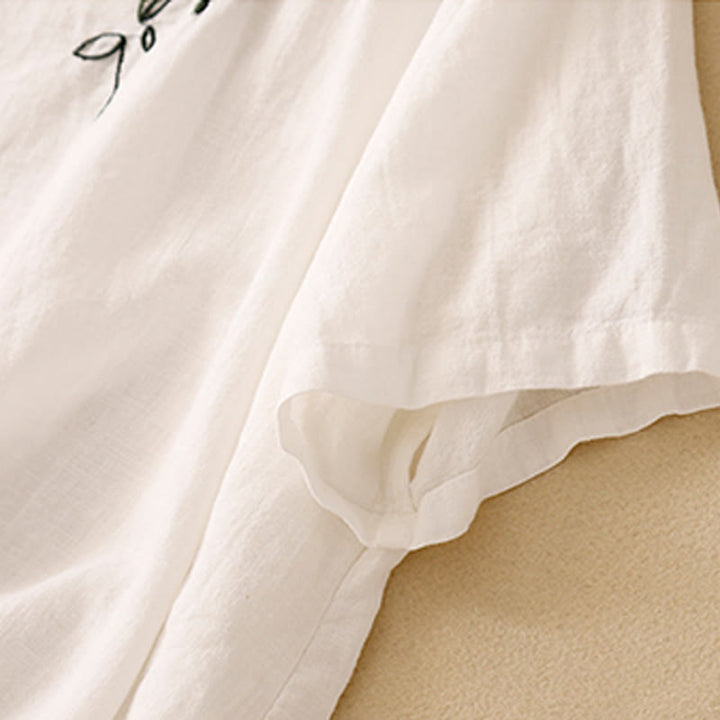 Buddha Stones Casual Summer Embroidered Crew Neck Women's  Cotton Short Sleeve T-shirt