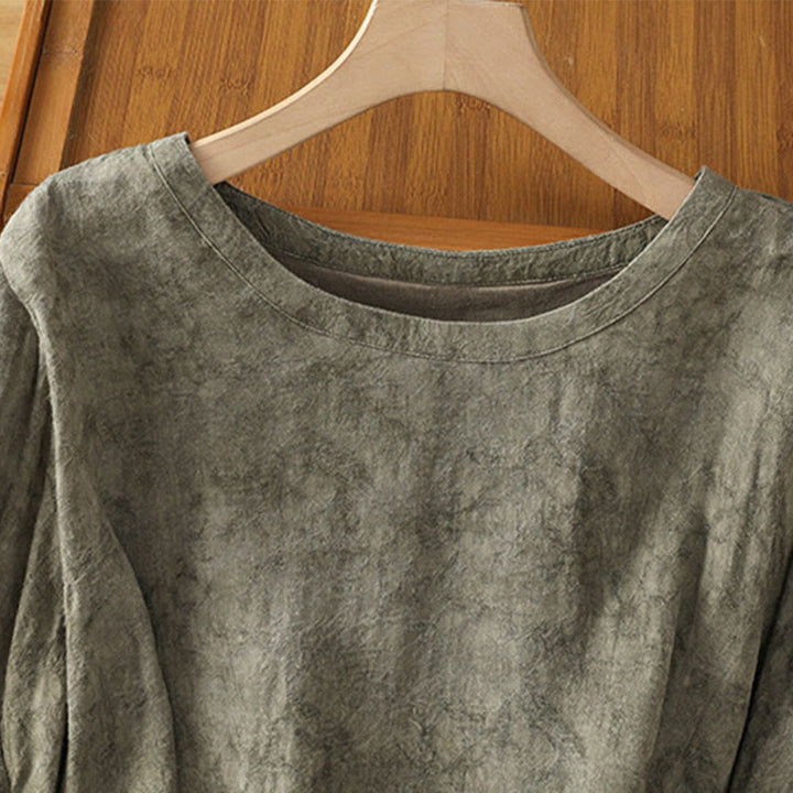 Buddha Stones Casual Retro Solid Color Crew Neck Design Drawstring Half Sleeve Cotton Polyester Midi Dress