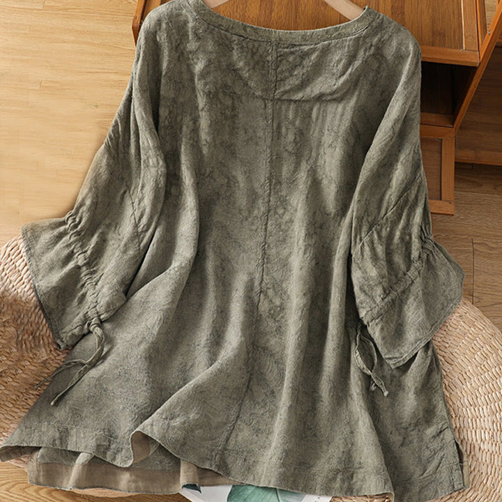 Buddha Stones Casual Retro Solid Color Crew Neck Design Drawstring Half Sleeve Cotton Polyester Midi Dress