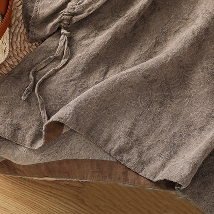 Buddha Stones Casual Retro Solid Color Crew Neck Design Drawstring Half Sleeve Cotton Polyester Midi Dress