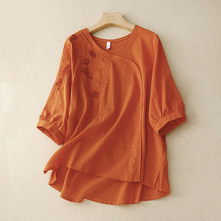 Buddha Stones Rose Vine Embroidery Design Women's Cotton Linen Three Quarter Sleeve Shirt - Coral - US12，UK/AU16，EU44 (2XL) - image 7