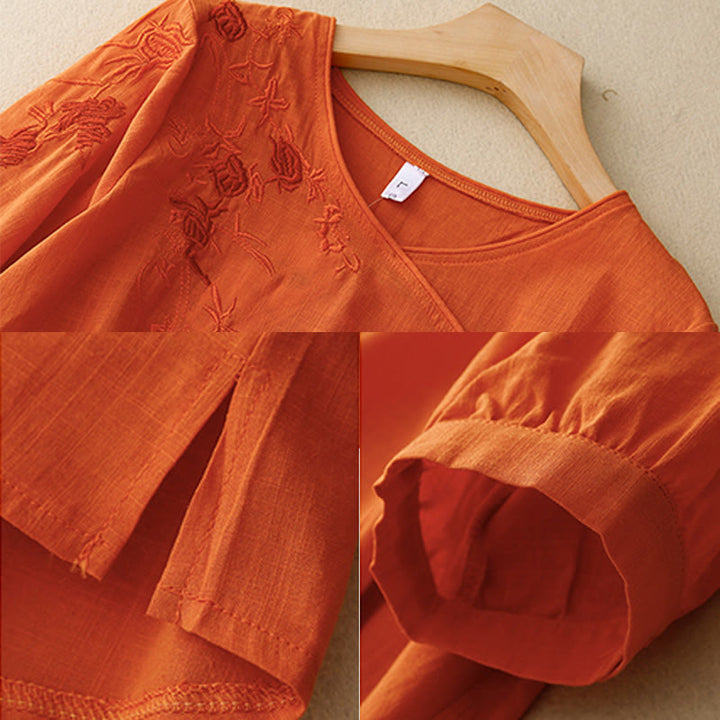 Buddha Stones Rose Vine Embroidery Design Women's Cotton Linen Three Quarter Sleeve Shirt - image 10