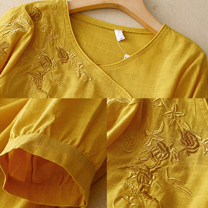 Buddha Stones Rose Vine Embroidery Design Women's Cotton Linen Three Quarter Sleeve Shirt - image 13