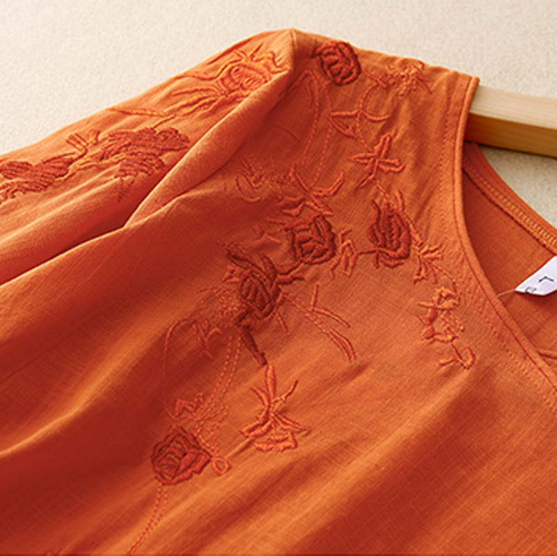 Buddha Stones Rose Vine Embroidery Design Women's Cotton Linen Three Quarter Sleeve Shirt - image 8