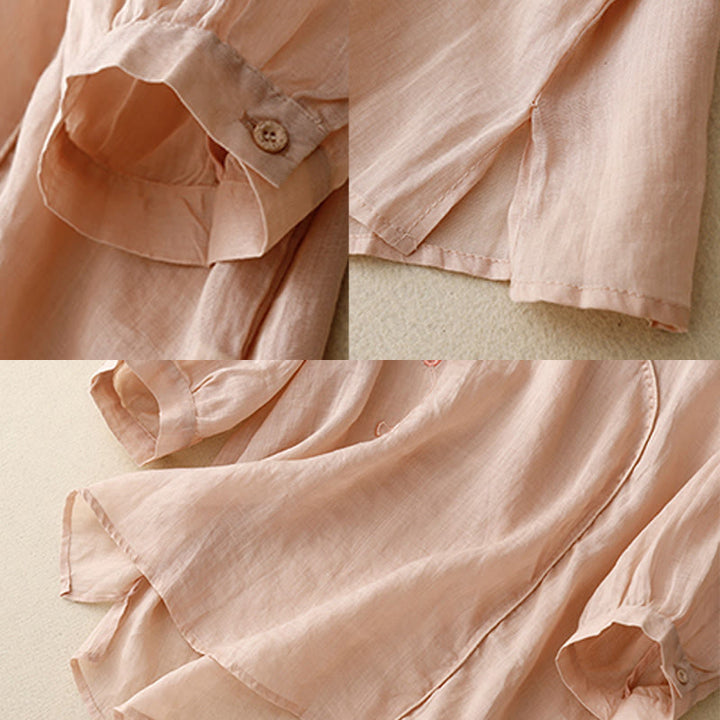 Buddha Stones Rose Vine Embroidery Design Women's Cotton Linen Three Quarter Sleeve Shirt - image 5