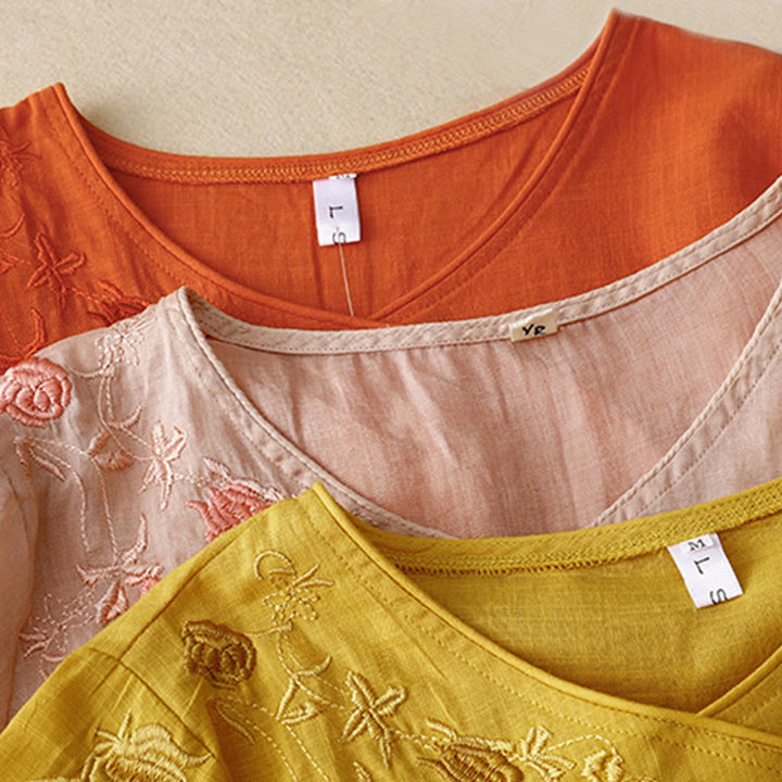 Buddha Stones Rose Vine Embroidery Design Women's Cotton Linen Three Quarter Sleeve Shirt - image 16