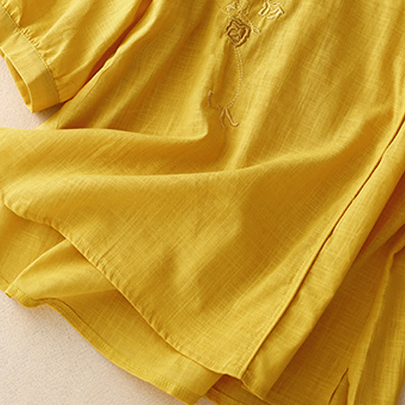 Buddha Stones Rose Vine Embroidery Design Women's Cotton Linen Three Quarter Sleeve Shirt - image 14