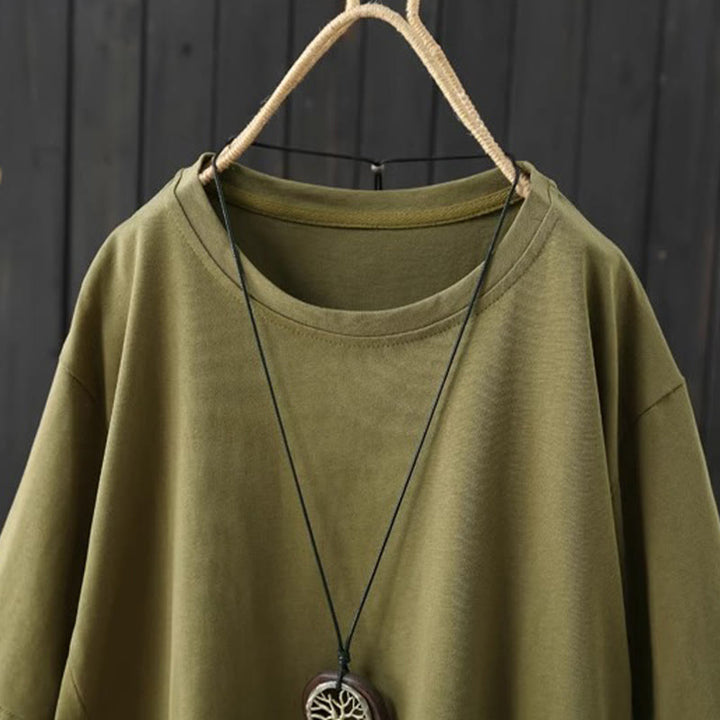 Buddha Stones Casual Loose Summer Plain Crew Neck Women's  Cotton Short Sleeve T-shirt