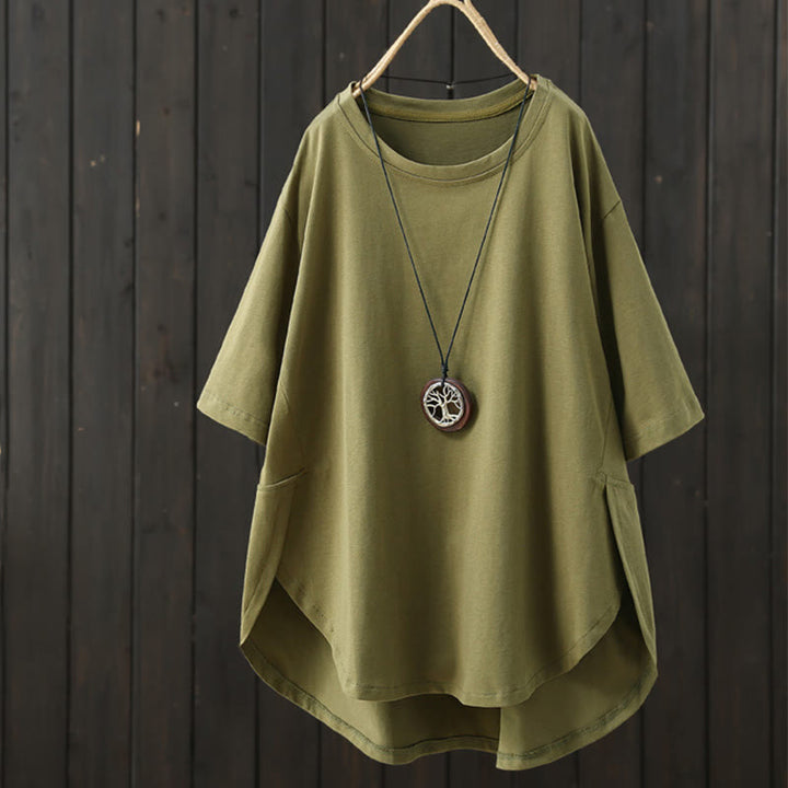 Buddha Stones Casual Loose Summer Plain Crew Neck Women's  Cotton Short Sleeve T-shirt