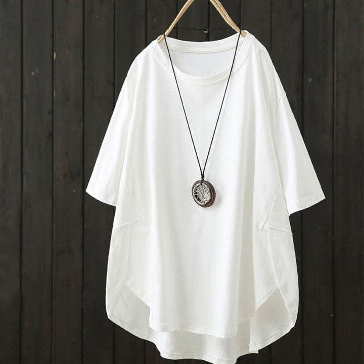 Buddha Stones Casual Loose Summer Plain Crew Neck Women's  Cotton Short Sleeve T-shirt
