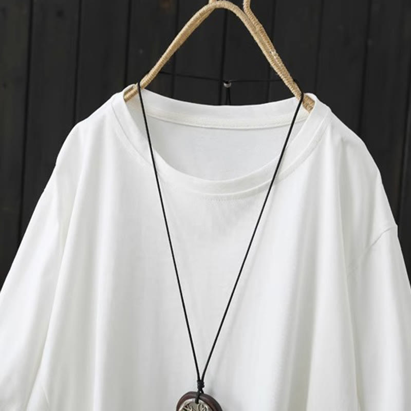 Buddha Stones Casual Loose Summer Plain Crew Neck Women's  Cotton Short Sleeve T-shirt