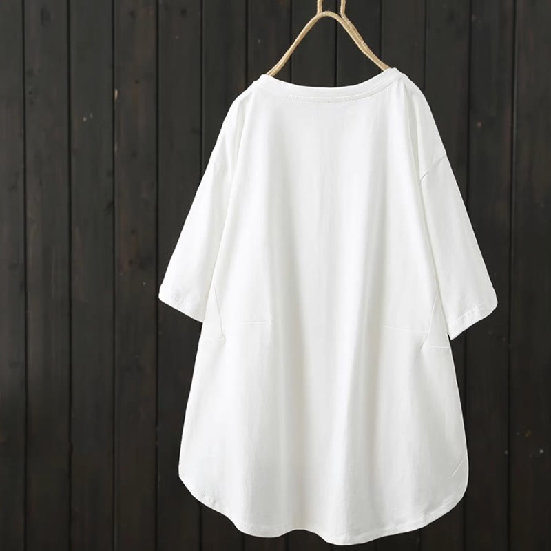 Buddha Stones Casual Loose Summer Plain Crew Neck Women's  Cotton Short Sleeve T-shirt