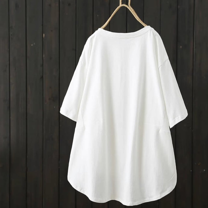 Buddha Stones Casual Loose Summer Plain Crew Neck Women's  Cotton Short Sleeve T-shirt