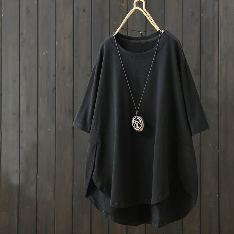 Buddha Stones Casual Loose Summer Plain Crew Neck Women's  Cotton Short Sleeve T-shirt