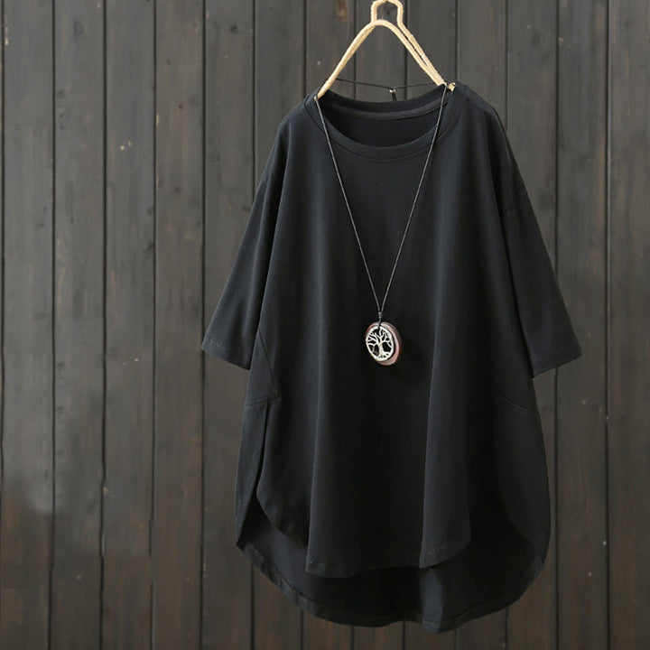 Buddha Stones Casual Loose Summer Plain Crew Neck Women's  Cotton Short Sleeve T-shirt