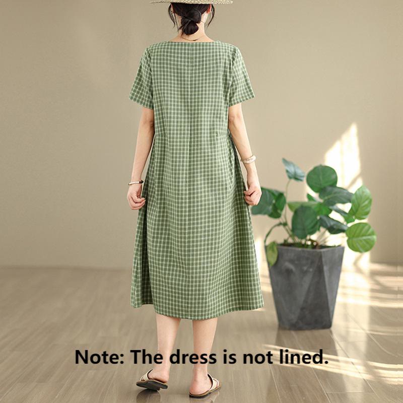 Buddha Stones Retro Solid Color Plaid Pattern Crew Neck Short Sleeve Cotton Linen Midi Dress With Pockets