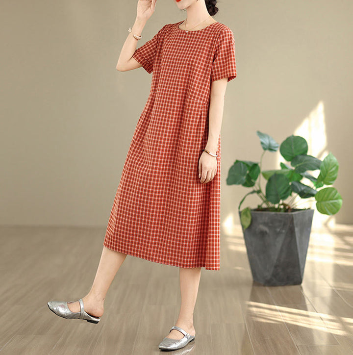Buddha Stones Retro Solid Color Plaid Pattern Crew Neck Short Sleeve Cotton Linen Midi Dress With Pockets