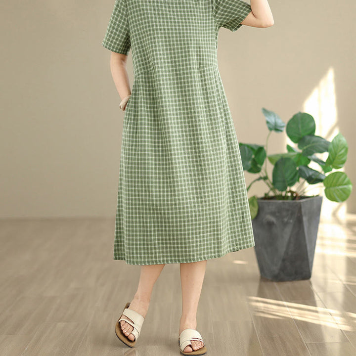 Buddha Stones Retro Solid Color Plaid Pattern Crew Neck Short Sleeve Cotton Linen Midi Dress With Pockets