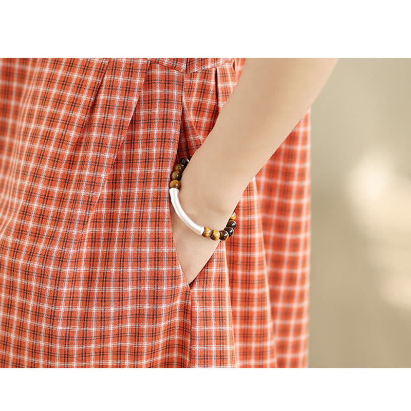 Buddha Stones Retro Solid Color Plaid Pattern Crew Neck Short Sleeve Cotton Linen Midi Dress With Pockets