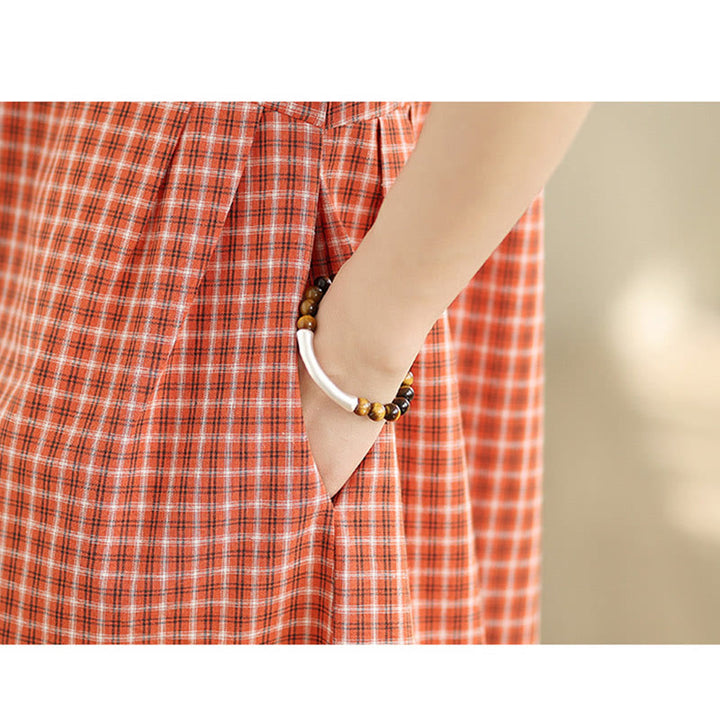 Buddha Stones Retro Solid Color Plaid Pattern Crew Neck Short Sleeve Cotton Linen Midi Dress With Pockets