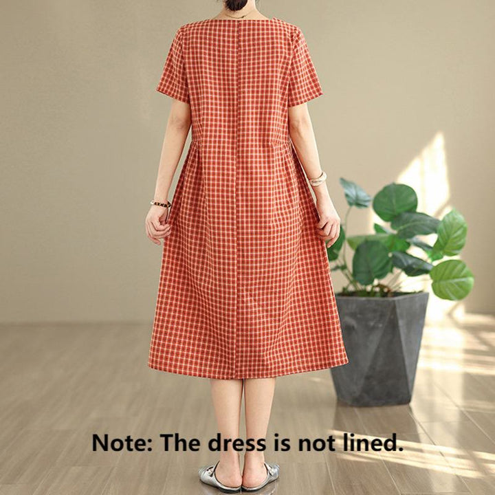 Buddha Stones Retro Solid Color Plaid Pattern Crew Neck Short Sleeve Cotton Linen Midi Dress With Pockets
