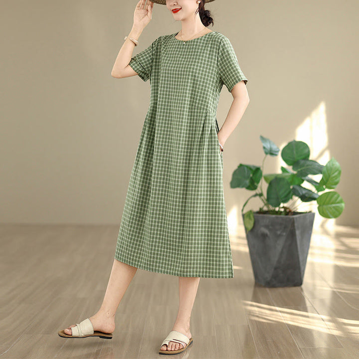 Buddha Stones Retro Solid Color Plaid Pattern Crew Neck Short Sleeve Cotton Linen Midi Dress With Pockets