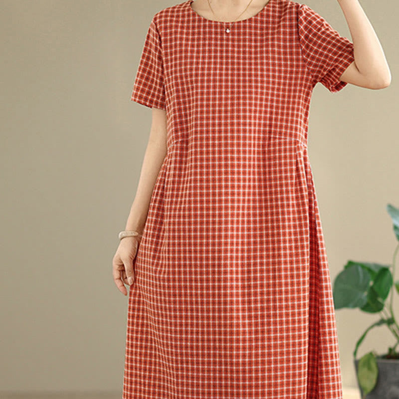Buddha Stones Retro Solid Color Plaid Pattern Crew Neck Short Sleeve Cotton Linen Midi Dress With Pockets