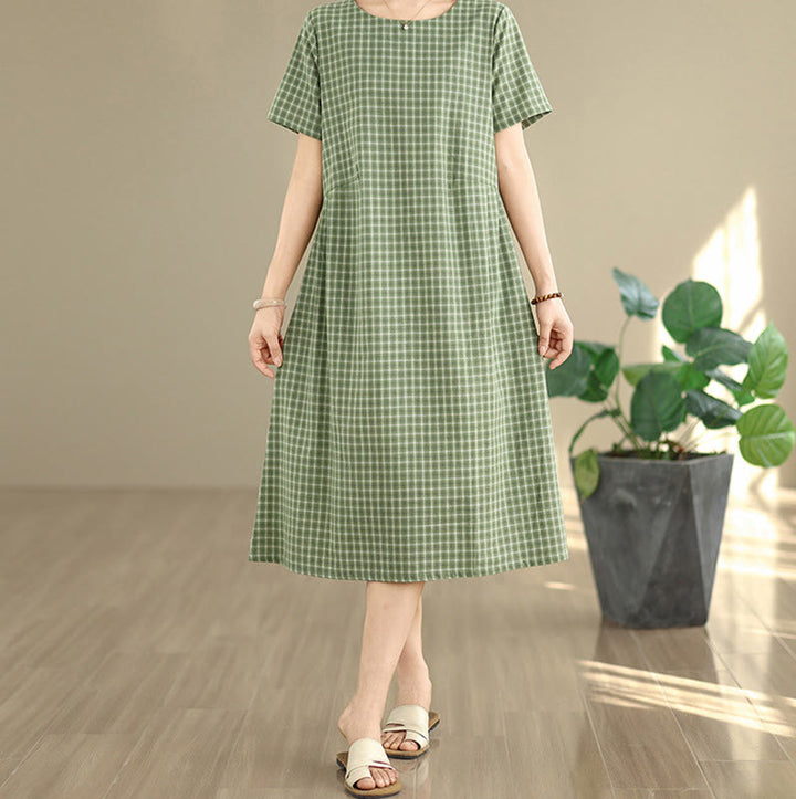 Buddha Stones Retro Solid Color Plaid Pattern Crew Neck Short Sleeve Cotton Linen Midi Dress With Pockets