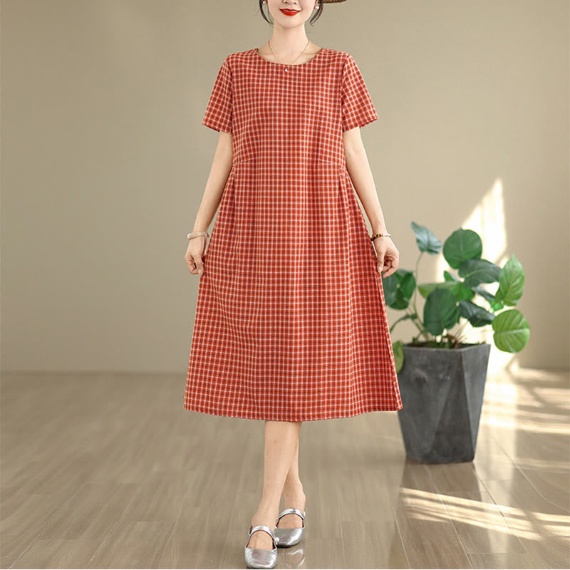 Buddha Stones Retro Solid Color Plaid Pattern Crew Neck Short Sleeve Cotton Linen Midi Dress With Pockets - OrangeRed - US8-10，UK/AU12-14，EU40-42 (2XL) - image 0