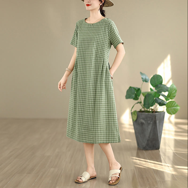 Buddha Stones Retro Solid Color Plaid Pattern Crew Neck Short Sleeve Cotton Linen Midi Dress With Pockets