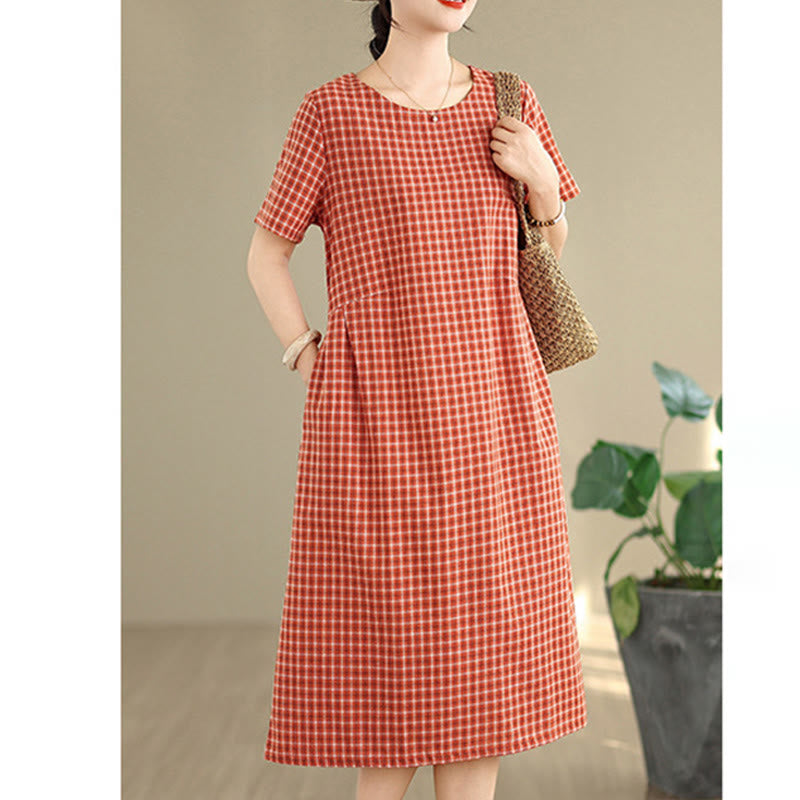 Buddha Stones Retro Solid Color Plaid Pattern Crew Neck Short Sleeve Cotton Linen Midi Dress With Pockets