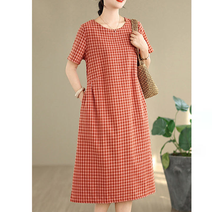 Buddha Stones Retro Solid Color Plaid Pattern Crew Neck Short Sleeve Cotton Linen Midi Dress With Pockets