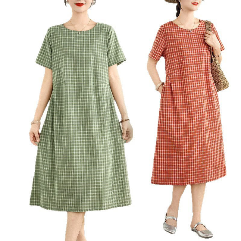 Buddha Stones Retro Solid Color Plaid Pattern Crew Neck Short Sleeve Cotton Linen Midi Dress With Pockets