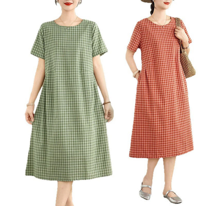 Buddha Stones Retro Solid Color Plaid Pattern Crew Neck Short Sleeve Cotton Linen Midi Dress With Pockets