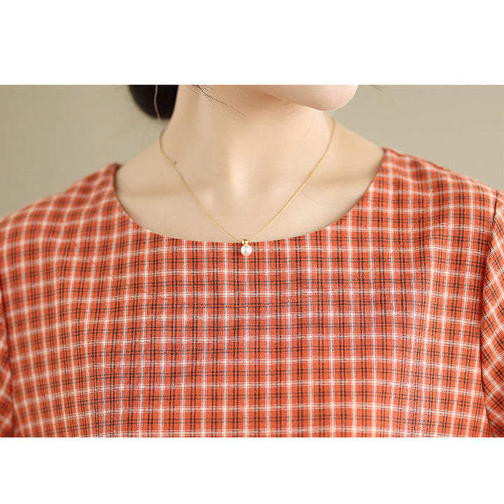 Buddha Stones Retro Solid Color Plaid Pattern Crew Neck Short Sleeve Cotton Linen Midi Dress With Pockets