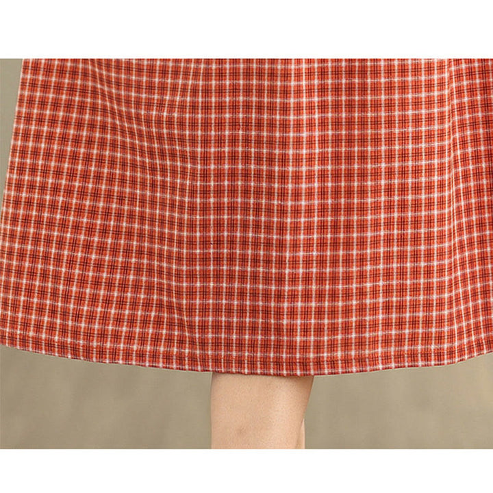 Buddha Stones Retro Solid Color Plaid Pattern Crew Neck Short Sleeve Cotton Linen Midi Dress With Pockets