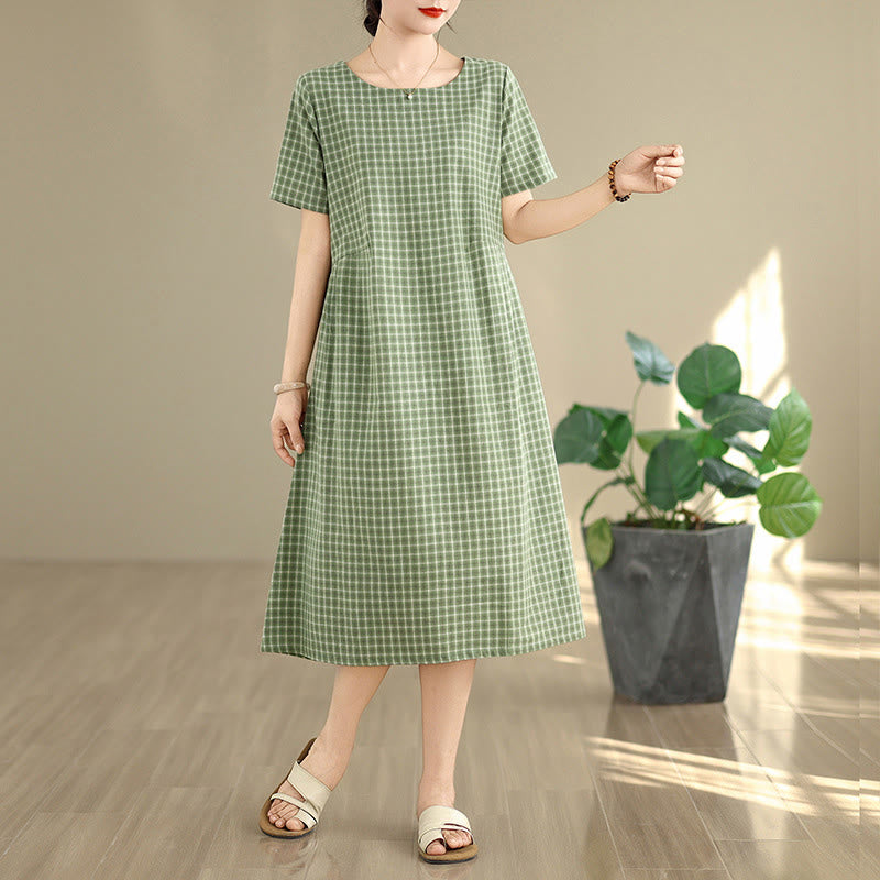 Buddha Stones Retro Solid Color Plaid Pattern Crew Neck Short Sleeve Cotton Linen Midi Dress With Pockets