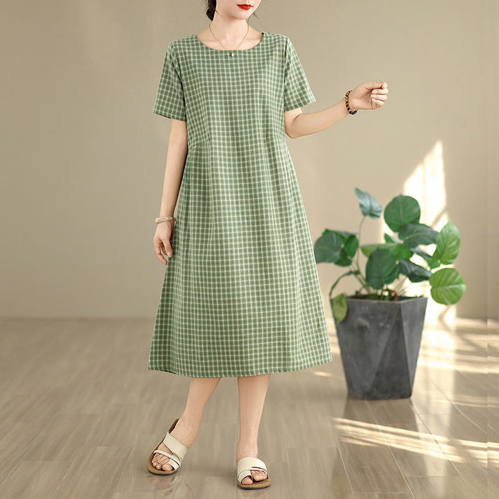 Buddha Stones Retro Solid Color Plaid Pattern Crew Neck Short Sleeve Cotton Linen Midi Dress With Pockets