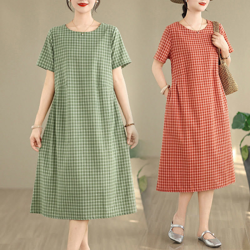 Buddha Stones Retro Solid Color Plaid Pattern Crew Neck Short Sleeve Cotton Linen Midi Dress With Pockets