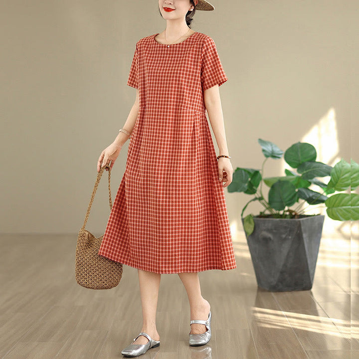 Buddha Stones Retro Solid Color Plaid Pattern Crew Neck Short Sleeve Cotton Linen Midi Dress With Pockets