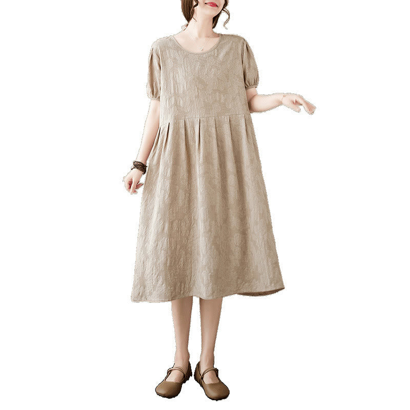 Buddha Stones Casual Solid Color Jacquard Crew Neck Short Puff Sleeve Cotton Linen Midi Dress - image 16