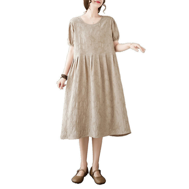 Buddha Stones Casual Solid Color Jacquard Crew Neck Short Puff Sleeve Cotton Linen Midi Dress - image 16