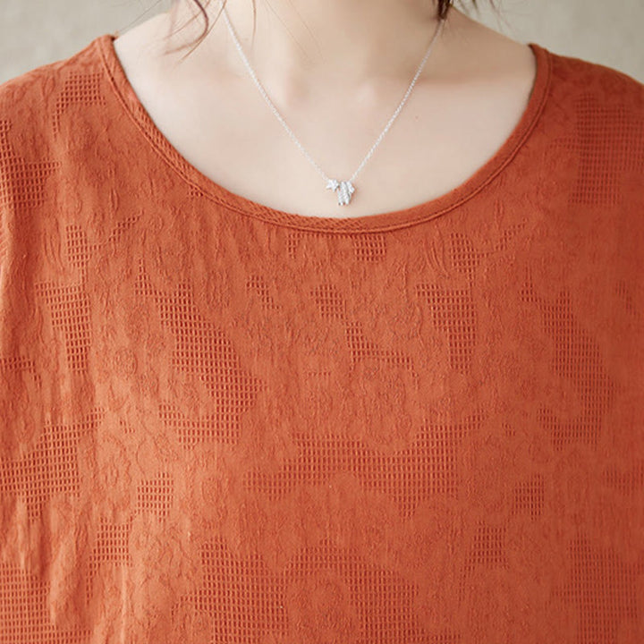 Buddha Stones Casual Solid Color Jacquard Crew Neck Short Puff Sleeve Cotton Linen Midi Dress - image 5