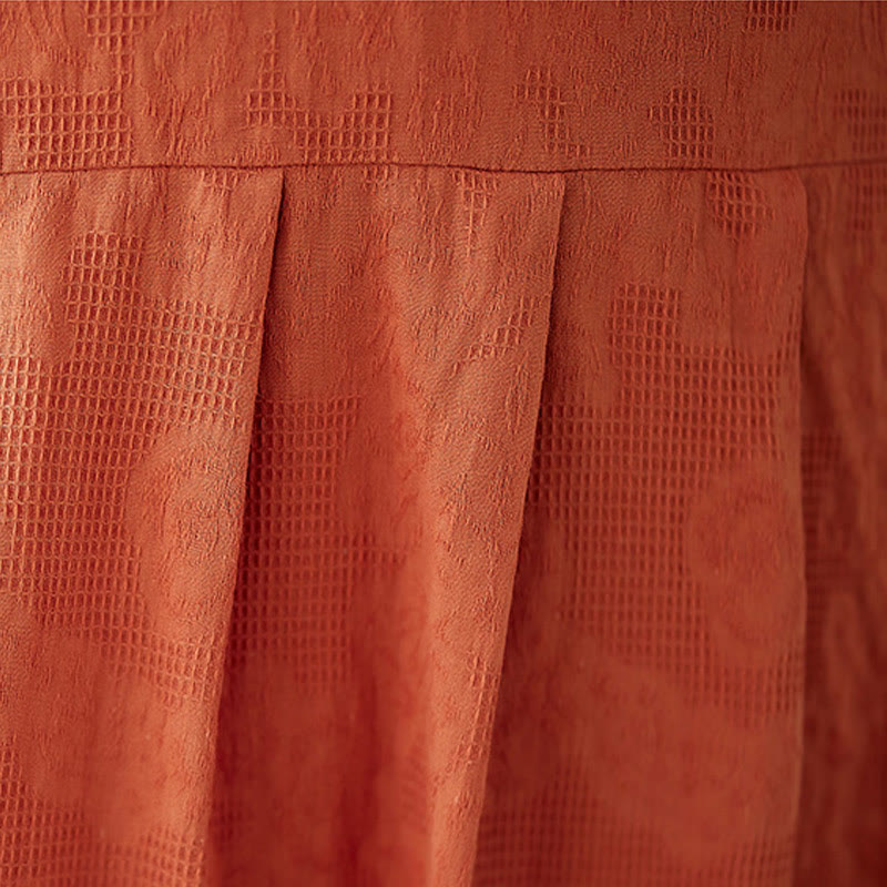 Buddha Stones Casual Solid Color Jacquard Crew Neck Short Puff Sleeve Cotton Linen Midi Dress - image 9