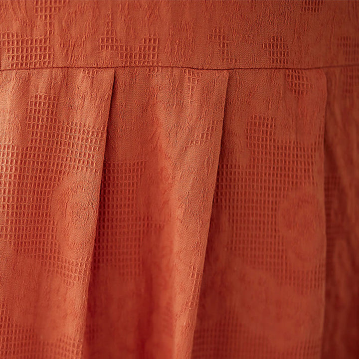 Buddha Stones Casual Solid Color Jacquard Crew Neck Short Puff Sleeve Cotton Linen Midi Dress - image 9