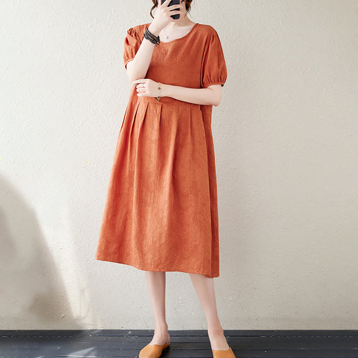 Buddha Stones Casual Solid Color Jacquard Crew Neck Short Puff Sleeve Cotton Linen Midi Dress - image 3