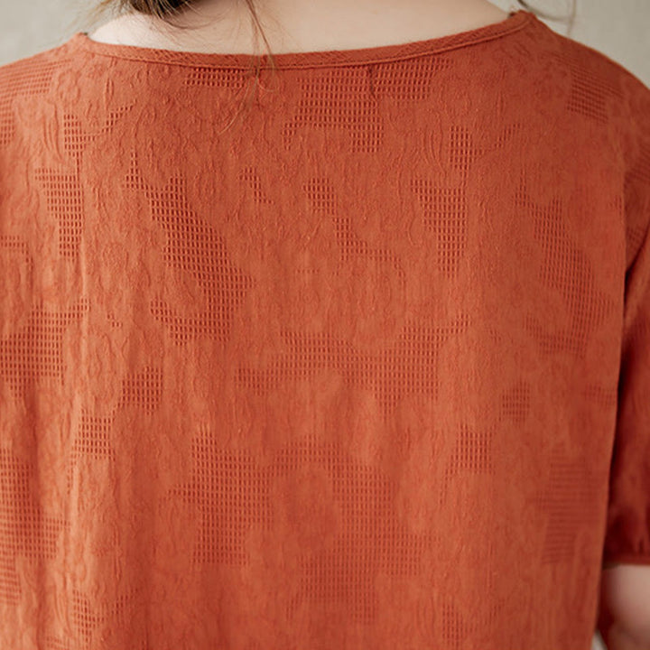 Buddha Stones Casual Solid Color Jacquard Crew Neck Short Puff Sleeve Cotton Linen Midi Dress - image 6