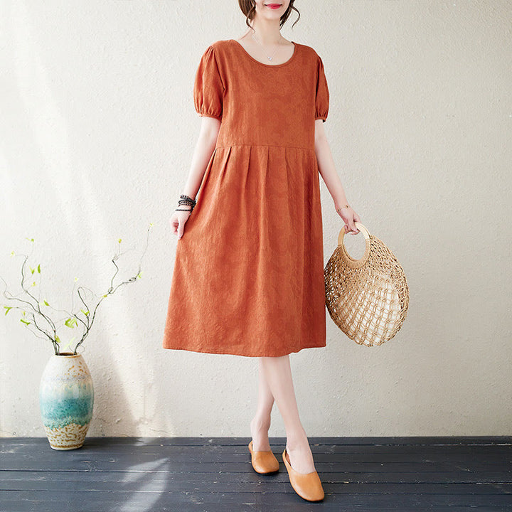 Buddha Stones Casual Solid Color Jacquard Crew Neck Short Puff Sleeve Cotton Linen Midi Dress - OrangeRed - US8-10，UK/AU12-14，EU40-42 (2XL) - image 0